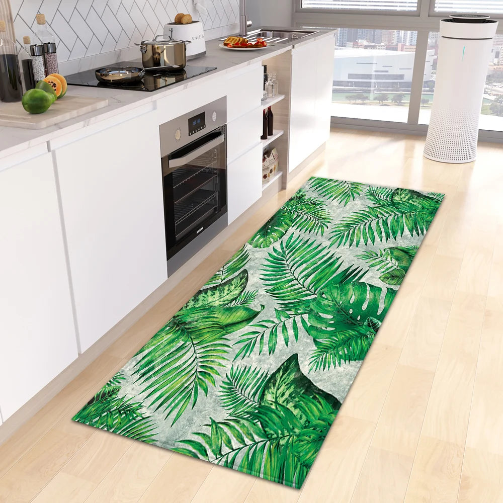 VIKAMA Green tropical leaves Kitchen Mat Entrance Doormat Non-slip Washable Kitchen Carpet Living Room Hallway Rugs Bedside Rugs