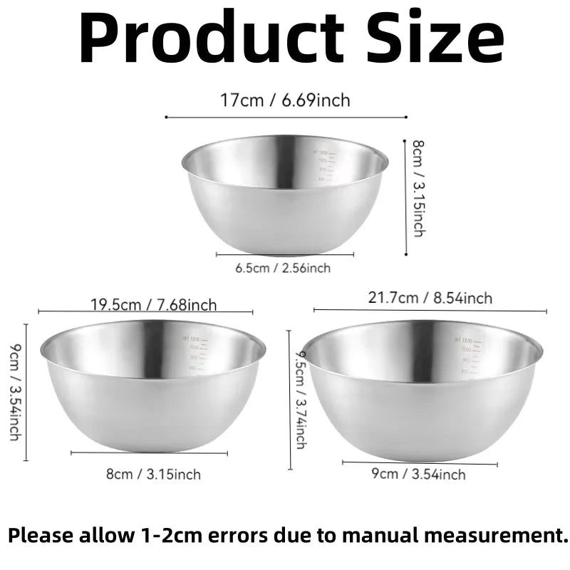 17/19/22CM Stainless Steel Salad Bowls Egg Flour Mixing Basin Fruit Vegetable Noodle Container for Kitchen Tableware Baking Tool