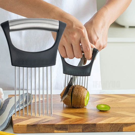 Colorful Onion Slicer with Stainless Steel Holder – Easy Vegetable & Potato Chopper