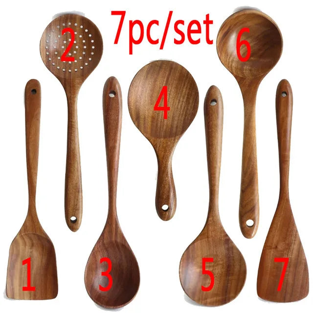 Smooth Teak Wooden Cooking Spoons Set – Non-Stick Kitchen Utensils (1-10 Pcs)