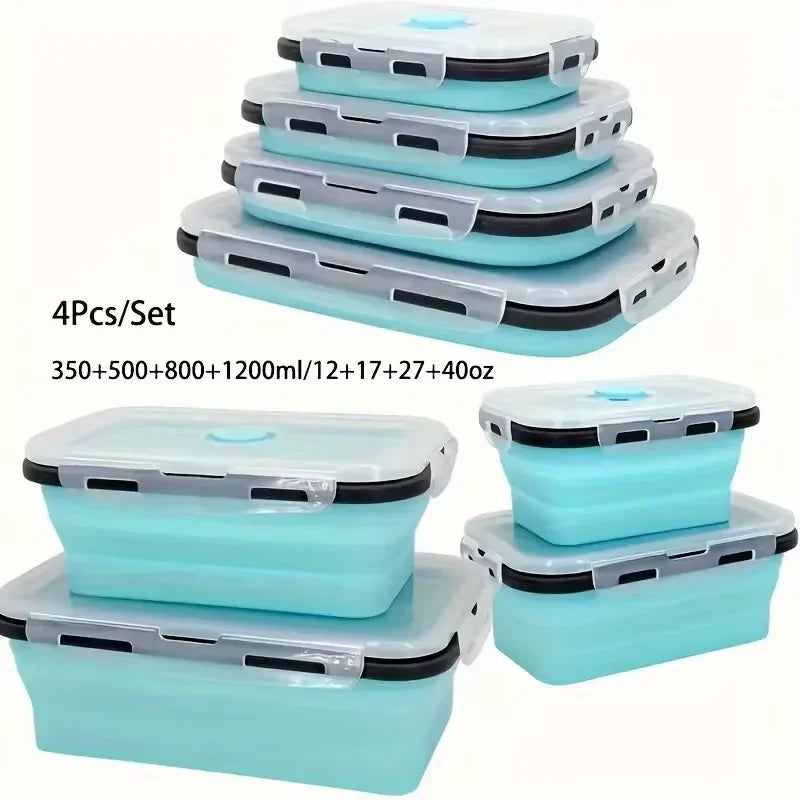 4 Pack Silicon Lunch Box Flat Stacks Collapsible Food Storage Containers With Lids Leftover Meal Box For Kitchen BPA Free
