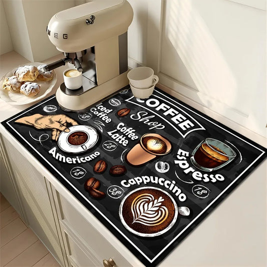 Retro Coffee Pattern Absorbent Rubber Dishwashing Pad – Coffee Bar Drip Mat Accessory