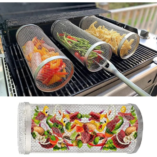 Rolling BBQ Grill Basket – Cylinder Barbecue Cage & Grilling Basket for Outdoor Camping