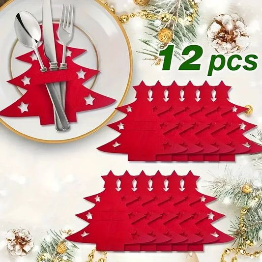 Christmas Tree Shaped Felt Cutlery Mats – Festive Dining Table Placemats Set of 12