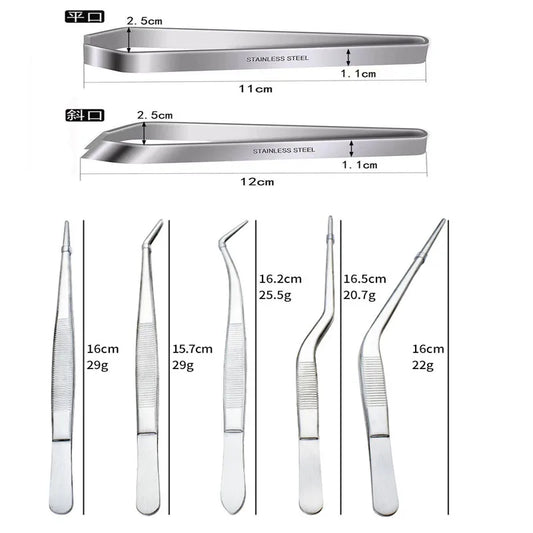 Kitchenley 7-Piece Stainless Steel Fish Bone Tweezers Set – Flat & Angled Serrated Tip Seafood Tweezers
