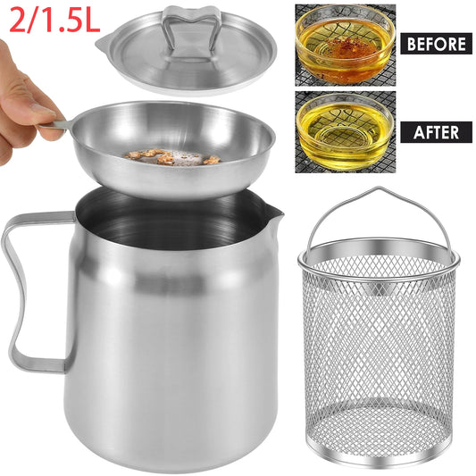 Kitchenley 2L Oil Filter Pot – Stainless Steel with Fine Mesh Strainer & Fry Basket