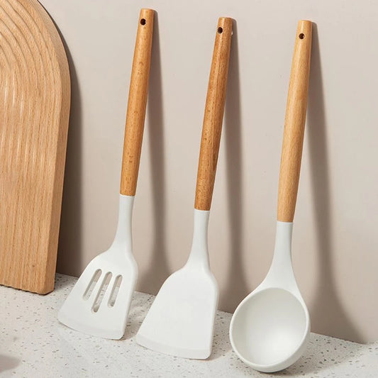 Silicone Kitchen Tools Set with Wooden Handles