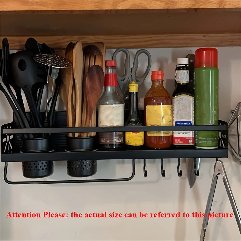Wall-Mounted Kitchen Spice Storage Rack with Hooks – Hanging Tableware & Utensil Holder