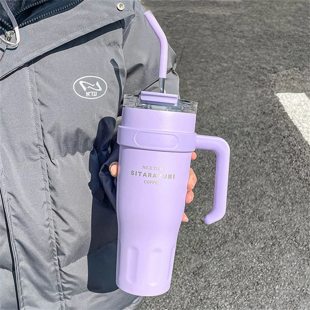 1pc Stainless Steel Ice Tumbler 38.55oz Insulated Cup with Handle & Straw Keeps Cold for 24 Hrs Car Insulation Cup Coffee Water