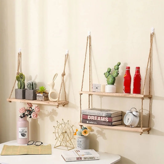 Wooden Floating Wall Shelf with Hanging Rope – Plant & Flower Display Shelf