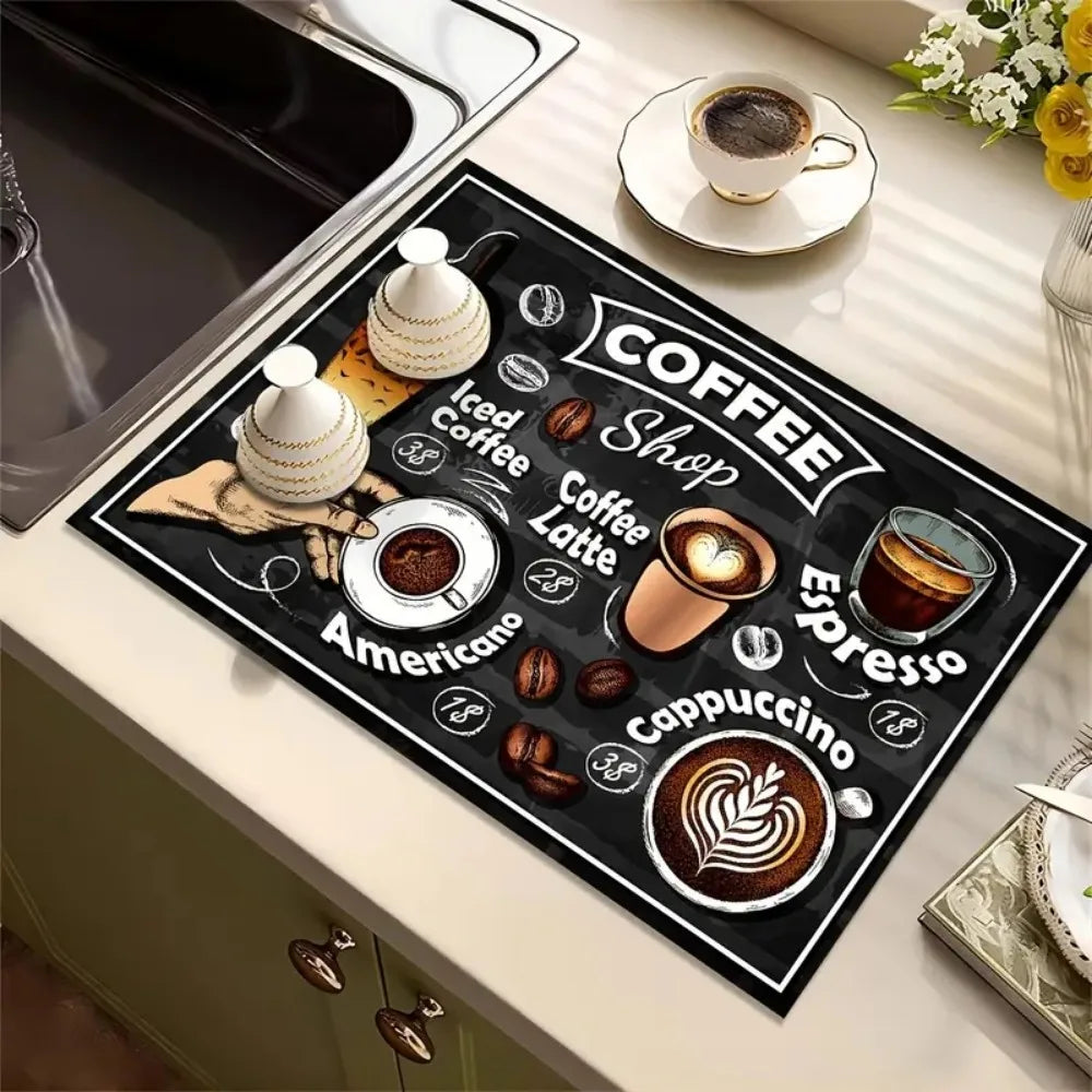 Retro Coffee Pattern Drip Mat – Absorbent Rubber Dish Pad - Kitchenley