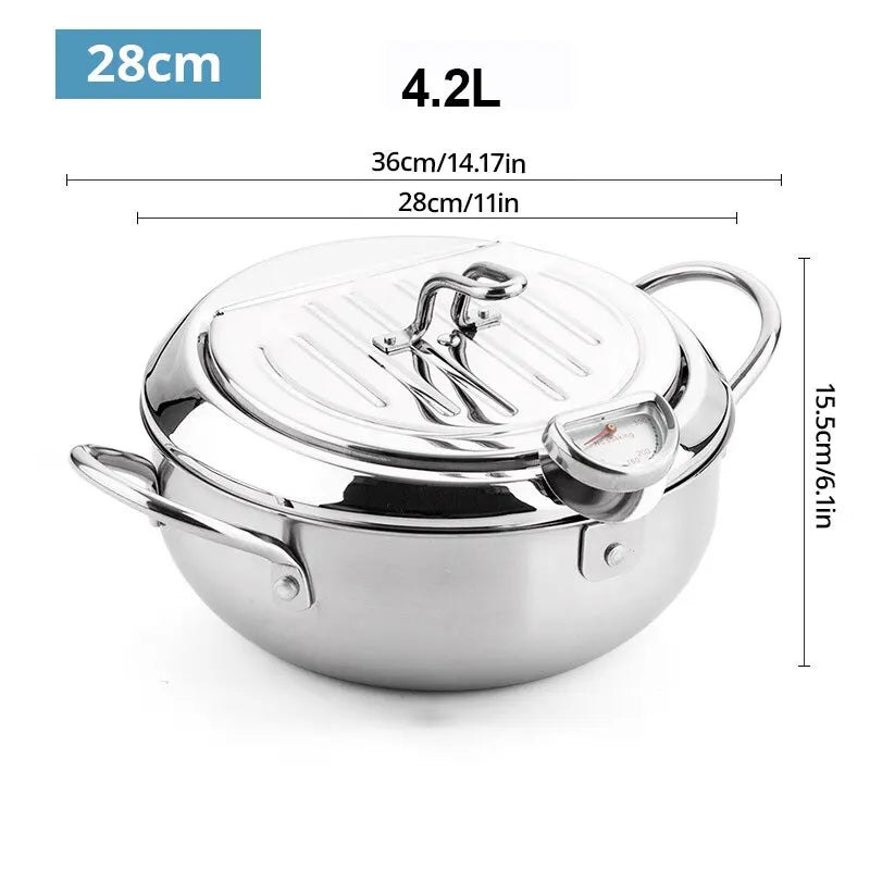 1pc Stainless Steel Oil Pan Household Thermometer With Cover Tempura Oil Fryer Small Oil Saving French Fries Frying Pan
