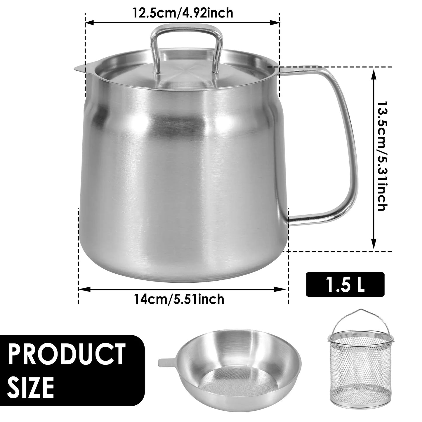 Kitchenley 2L Oil Filter Pot – Stainless Steel with Fine Mesh Strainer & Fry Basket