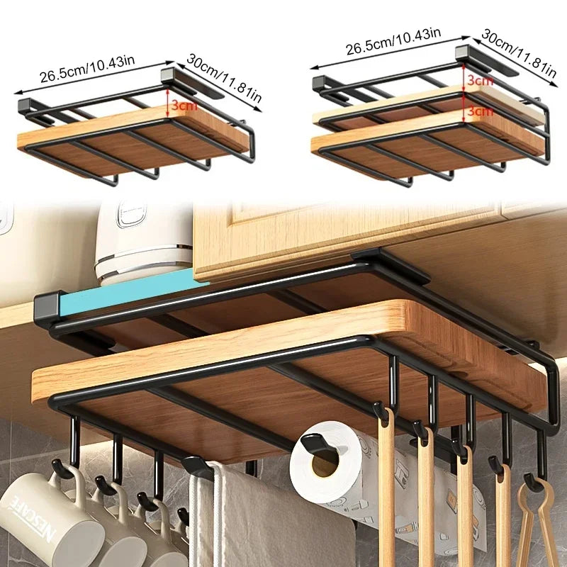 Under-Cupboard Kitchen Hanging Organizer Rack with Hooks – Paper Towel, Cutting Board & Pot Cover Holder