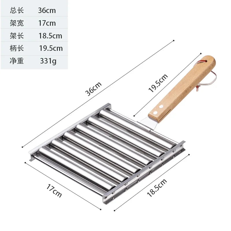 Kitchenley Stainless Steel Hot Dog & Sausage Roller Rack – Outdoor BBQ Grill Pan with Long Wood Handle