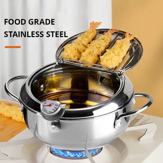 Stainless Steel Tempura Oil Fryer with Thermometer & Lid – Oil-Saving French Fries Frying Pan