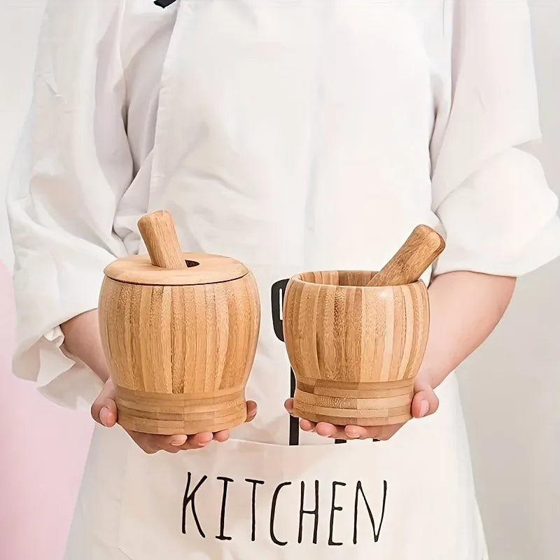 1Set Premium Bamboo Garlic Mortar and Pestle-Effortless Spice Grinder for Garlic,Herbs, and Chili - Rust-resistant Kitchen Tool