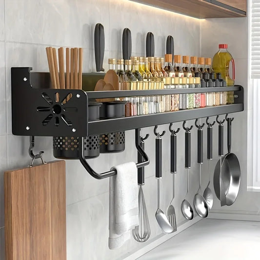 Wall-Mounted Kitchen Spice Storage Rack with Hooks – Hanging Tableware & Utensil Holder