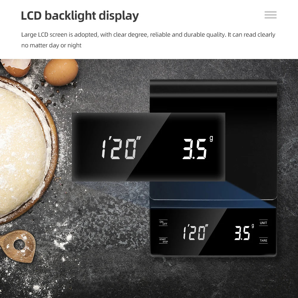 3kg/0.1g Coffee Scale with Timer Kitchen Tools Digital Multifunction Weighing Scale Pour Over Drip Espresso Scale LCD Display