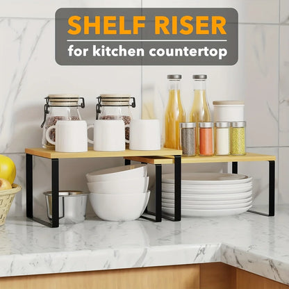 Stackable Expandable Kitchen Counter Shelves & Spice Rack – Cabinet Organizer Set of 2