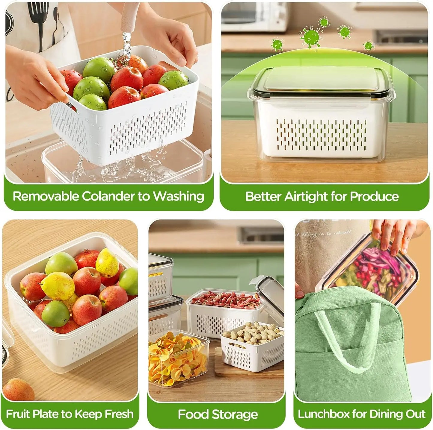 Fridge Fruit Storage Containers with Removable Washing Bowl & Strainer – Produce Keeper for Salad, Berries & Lettuce