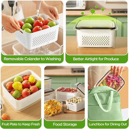 Fridge Fruit Storage Containers with Removable Washing Bowl & Strainer – Produce Keeper for Salad, Berries & Lettuce