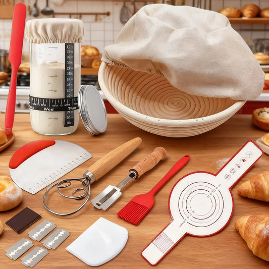 19-Piece Professional Sourdough Starter Kit – Banneton Bread Proofing Basket & Glass Starter Jar