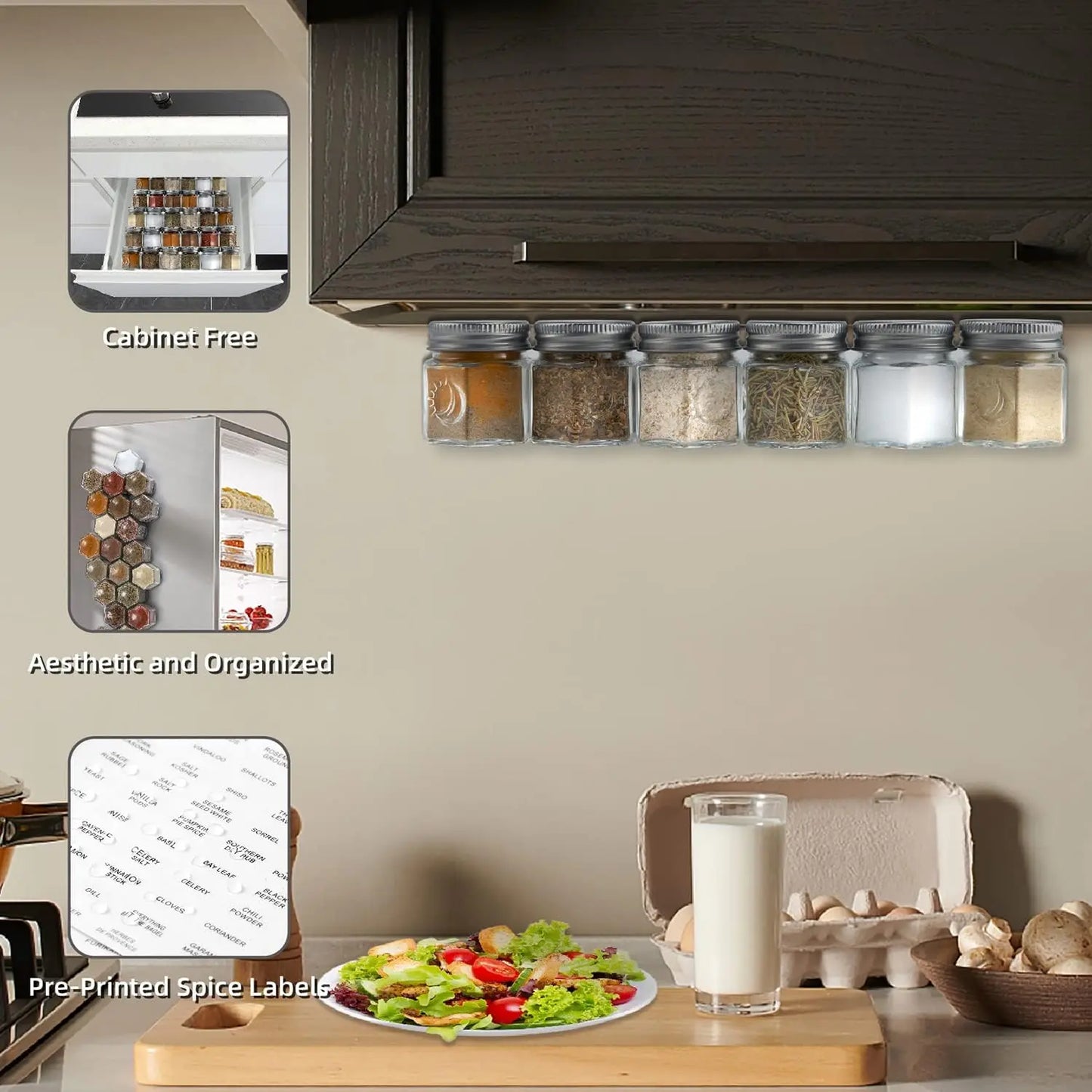 24 Hexagon Magnetic Glass Spice Jars with Shaker Lids & Labels – Kitchen, Fridge & RV Organizer