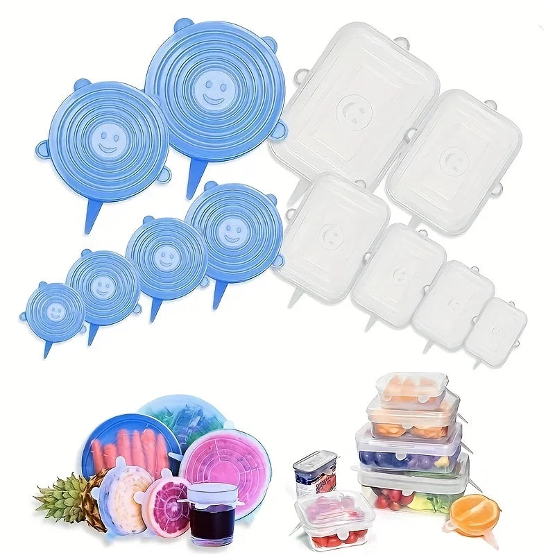6pcs silicone lid universal fresh-keeping cover round rectangular sealed bowl lid leftover refrigerator cling film set mold