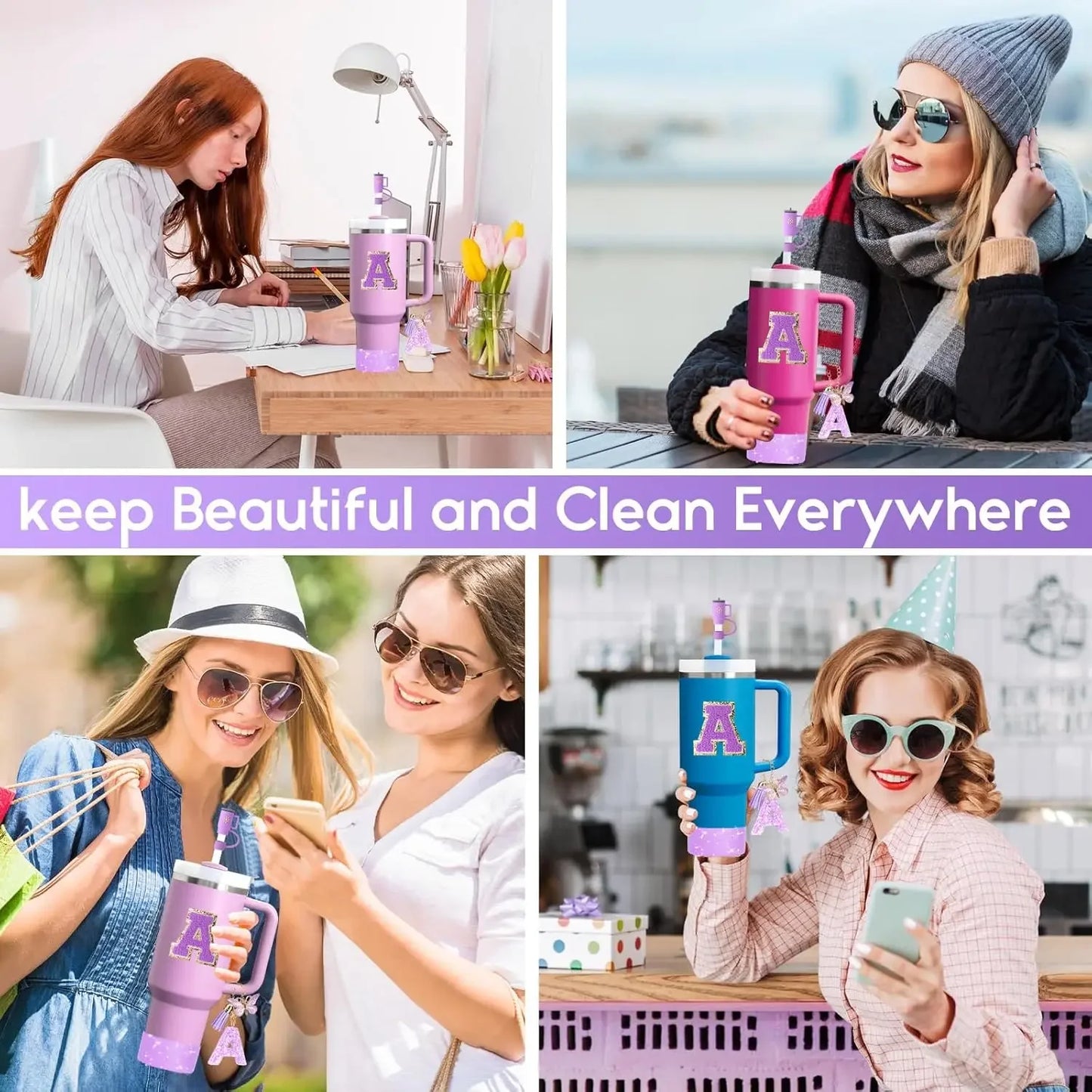 8PCS Accessories Set for Stanley Cup Purple 30oz 40oz tumbler Silicone Straw Topper Cover Cap Boot Handle Charm Initials Sticker