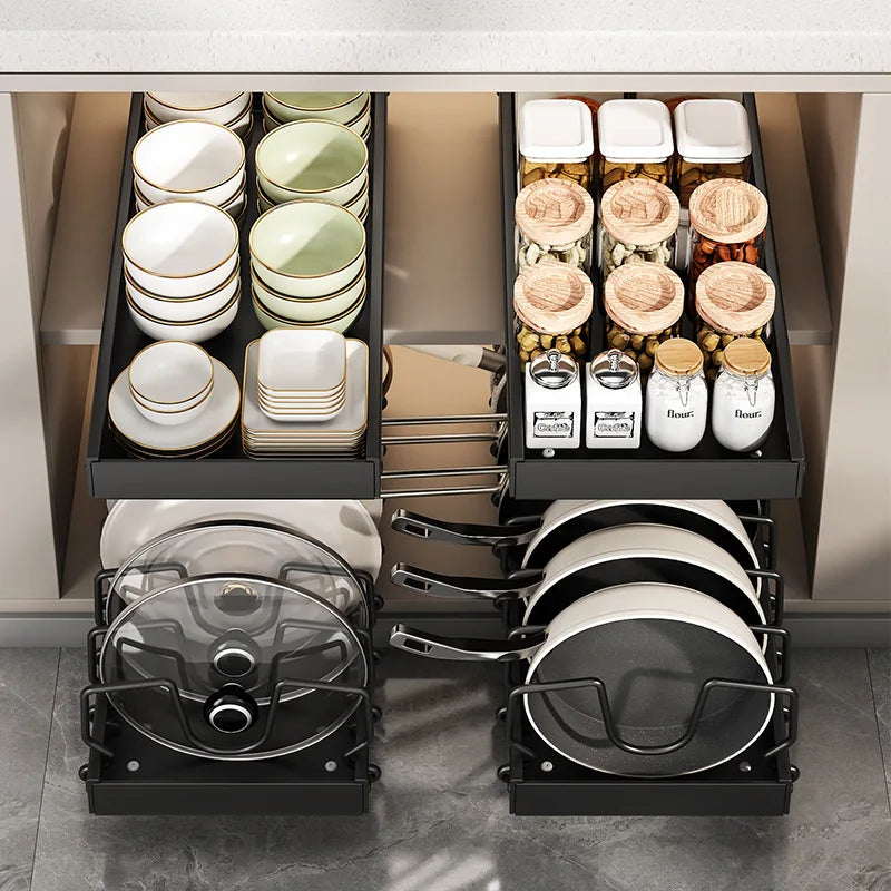 Pots and Pans Organizer Under Cabinet,Sliding Pot Lid Holder and Pan Rack Kitchen,Pull out Pot and Pan Organizer,Dishes Storage