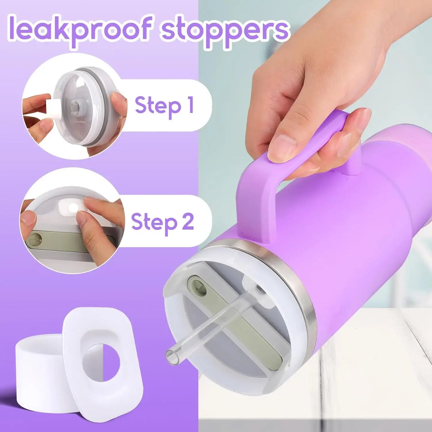 8PCS Accessories Set for Stanley Cup Purple 30oz 40oz tumbler Silicone Straw Topper Cover Cap Boot Handle Charm Initials Sticker