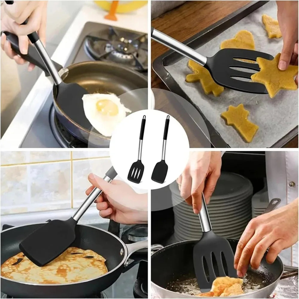 2PCS Silicone Spatula Set Heat Resistant Non-Scratch Kitchen Utensils Dishwasher Safe for Baking Frying Steak Cooking Essentials