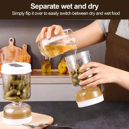 Pickles Jar With Forks Dry and Wet Dispenser Pickle and Olives Hourglass Jar Cucumber Container for Kitchen Juice Separator Tool