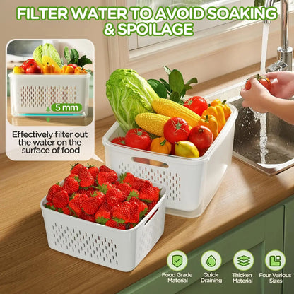 Fridge Fruit Storage Containers with Removable Washing Bowl & Strainer – Produce Keeper for Salad, Berries & Lettuce