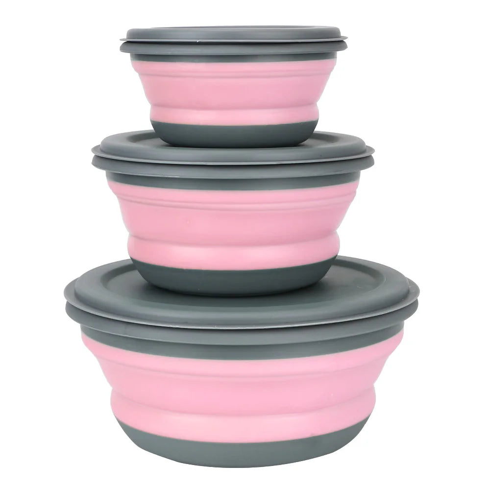 Folding Lunch Box Bowl Sets Silicone 3Pcs/Set Food Container Tableware Set Foldable Salad Bowl with Lid Portable