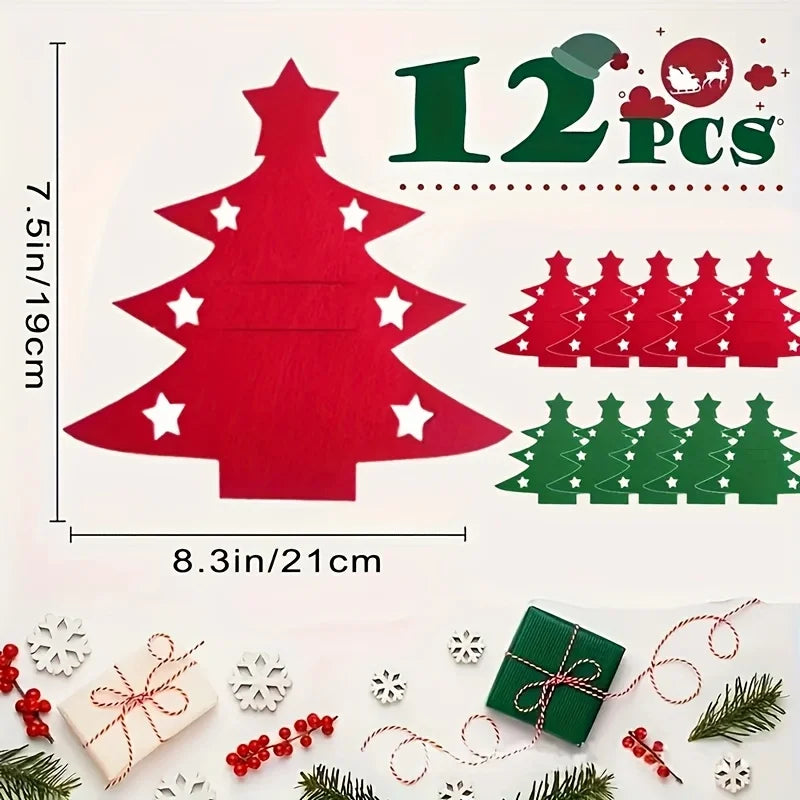 12Pcs Christmas Tree Shaped Felt Cutlery Mats With Stars Decor Durable For Home Christmas Festive Party Table Decor Accessories