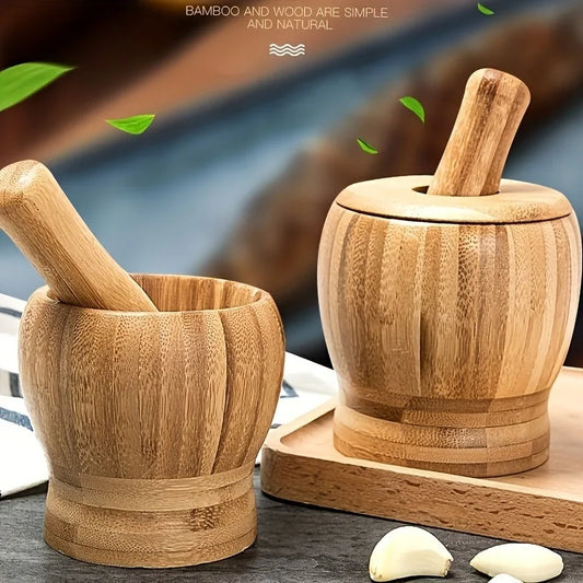 1Set Premium Bamboo Garlic Mortar and Pestle-Effortless Spice Grinder for Garlic,Herbs, and Chili - Rust-resistant Kitchen Tool