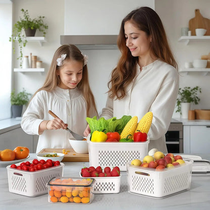 Fridge Fruit Storage Containers with Removable Washing Bowl & Strainer – Produce Keeper for Salad, Berries & Lettuce