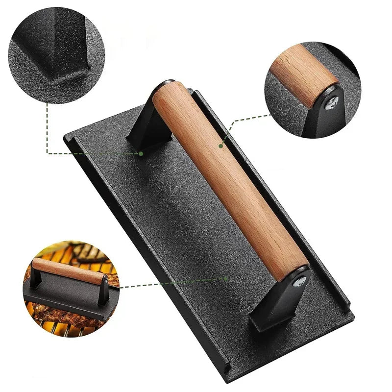 Kitchenley Heavy-Duty Cast Iron Steak & Burger Press – Round & Rectangular Meat Press with Handle for Outdoor Grilling