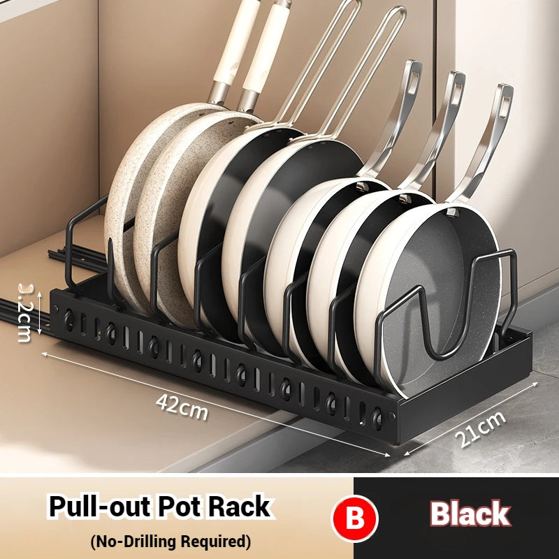 Pots and Pans Organizer Under Cabinet,Sliding Pot Lid Holder and Pan Rack Kitchen,Pull out Pot and Pan Organizer,Dishes Storage