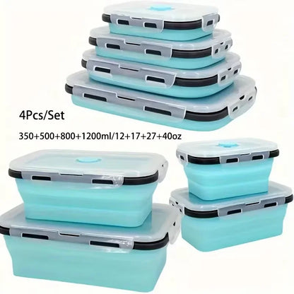 4 Pack Silicon Lunch Box Flat Stacks Collapsible Food Storage Containers With Lids Leftover Meal Box For Kitchen BPA Free