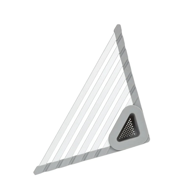 Aluminum Triangle Corner Dish Drying Rack – Roll-Up Folding Sink Drain Basket & Sponge Holder