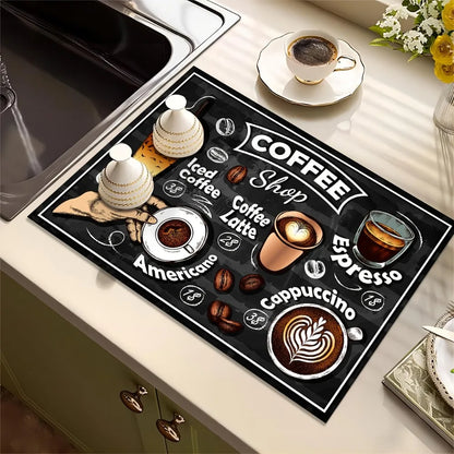 Retro Coffee Patterns,Coffee Bar Accessories, Rubber Absorbent Dishwashing Pads,Kitchen Placemats,Kitchen coffee table Counters