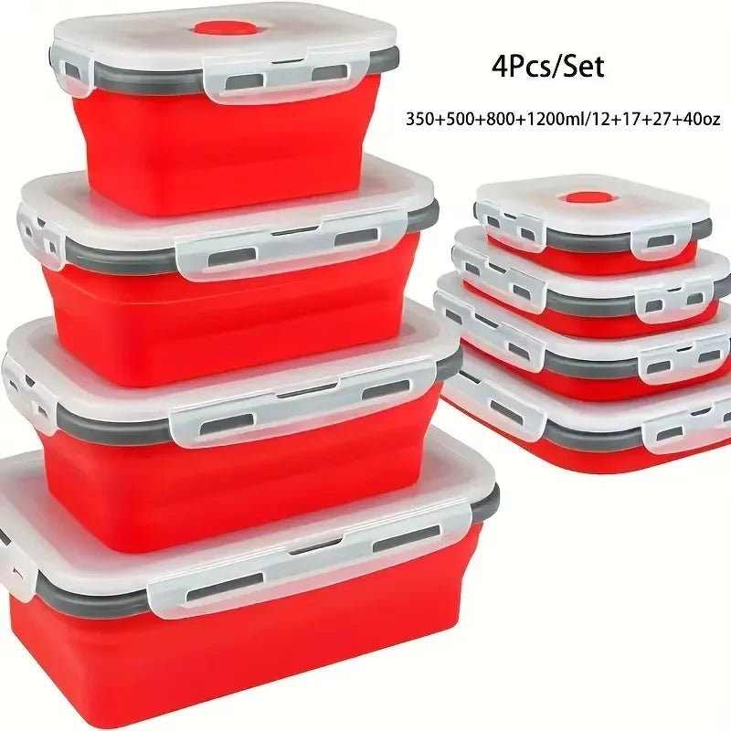 4 Pack Silicon Lunch Box Flat Stacks Collapsible Food Storage Containers With Lids Leftover Meal Box For Kitchen BPA Free