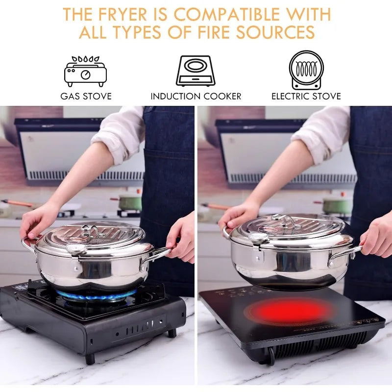Deep Frying Pot with Thermometer & Drainer Rack – Stainless Steel - Kitchenley