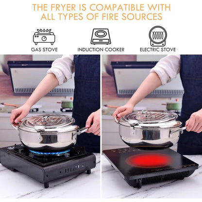 Deep Frying Pot with Thermometer & Drainer Rack – Stainless Steel - Kitchenley