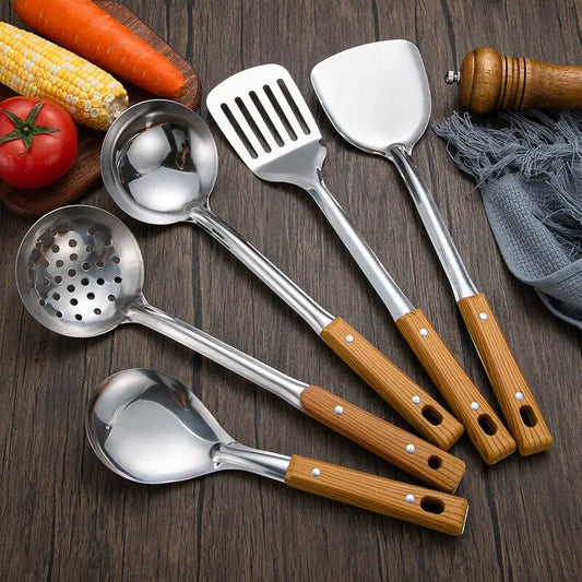 5-Piece Stainless Steel Kitchen Tool Set with Wood Grain Handles – Spatula, Slotted Spoon & More