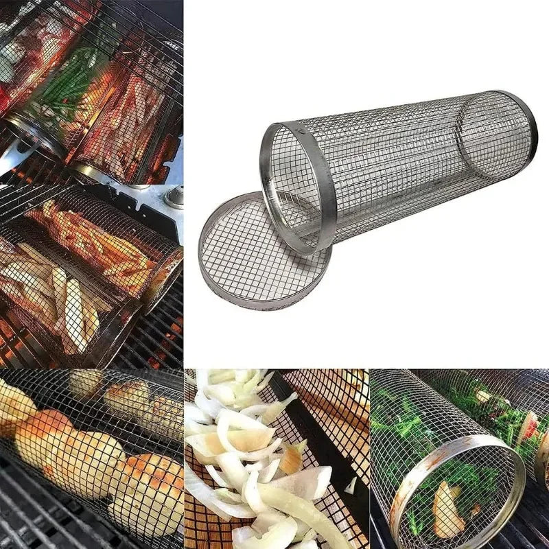 Rolling BBQ Grill Basket – Cylinder Barbecue Cage & Grilling Basket for Outdoor Camping