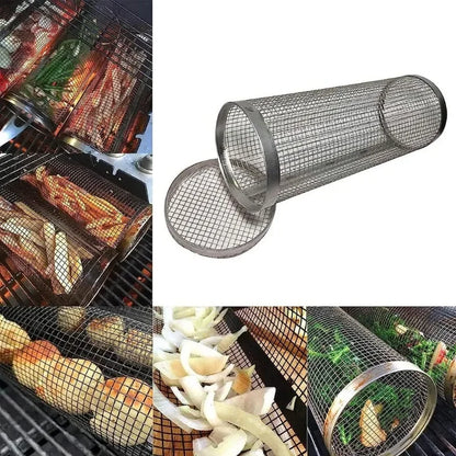 Rolling BBQ Grill Basket – Cylinder Barbecue Cage & Grilling Basket for Outdoor Camping